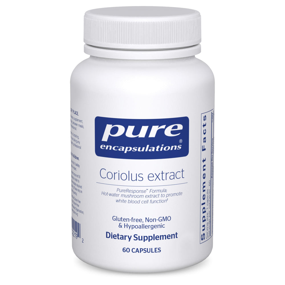 Pure Encapsulations Coriolus Extract bottle and capsules signaling premium immune-support.