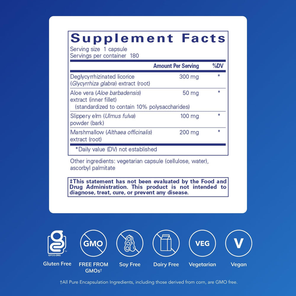 DGL Plus ingredients: DGL, aloe vera, marshmallow root, and slippery elm bark