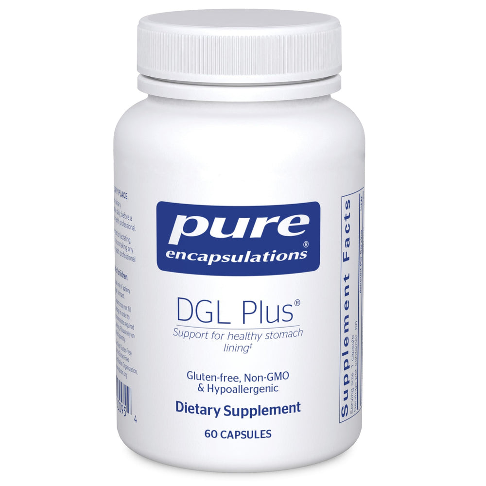 Front view of Pure Encapsulations DGL Plus bottle with 60 capsules