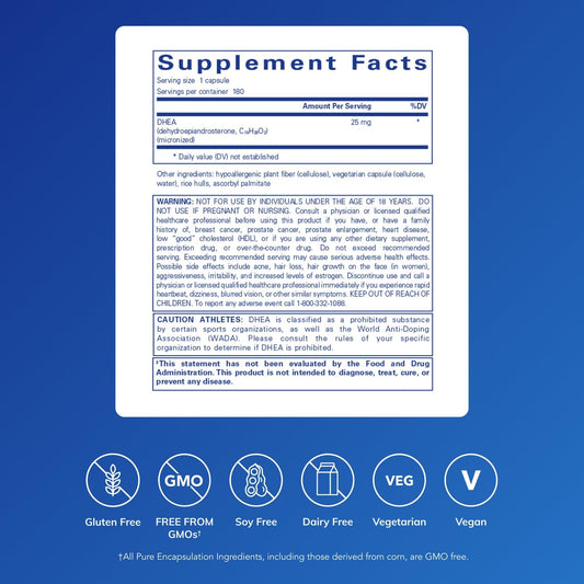 Close-up view of Pure Encapsulations DHEA 25 mg bottle (180 capsules)