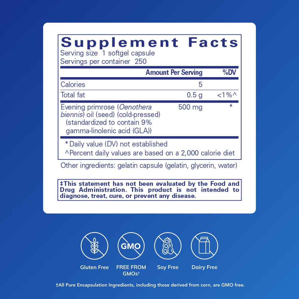 Close-up of Pure Encapsulations E.P.O label highlighting 9 percent GLA for skin support