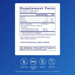 Pure Encapsulations EPA/DHA Essentials label closeup emphasizing purity and allergen-free formulation.