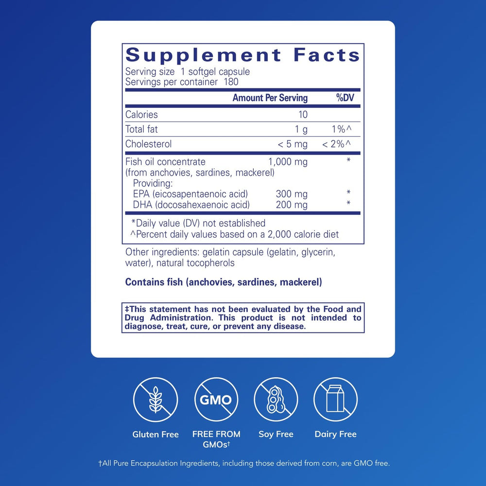 Pure Encapsulations EPA/DHA Essentials softgels deliver omega-3 for cardiovascular wellness.