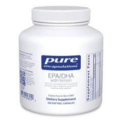 Pure Encapsulations EPA/DHA with Lemon softgel bottle showing cardiovascular support potential.