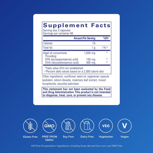 Algae-derived EPA and DHA omega-3 softgels close-up