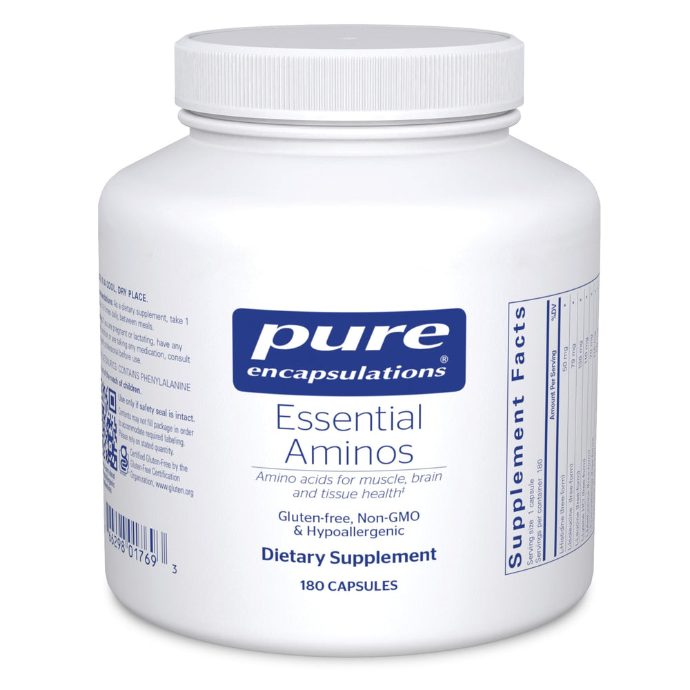 Pure Encapsulations Essential Amino Acids bottle front promotes balanced amino intake for daily vitality.