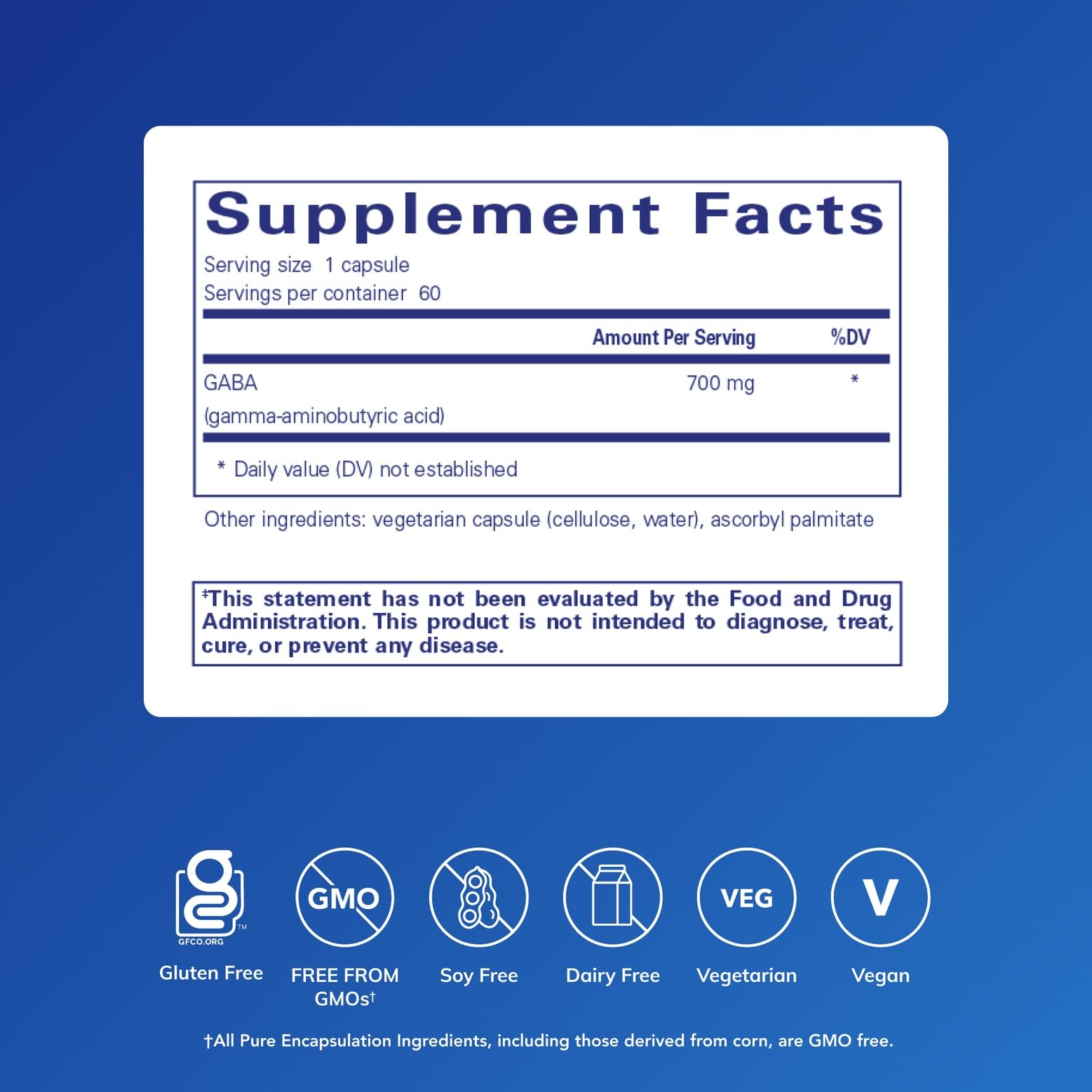 Bottle and label of Pure Encapsulations GABA supplement