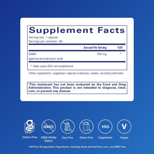 Bottle and label of Pure Encapsulations GABA supplement