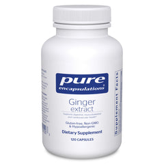 Pure Encapsulations Ginger Extract bottle on white for easy daily digestive support.