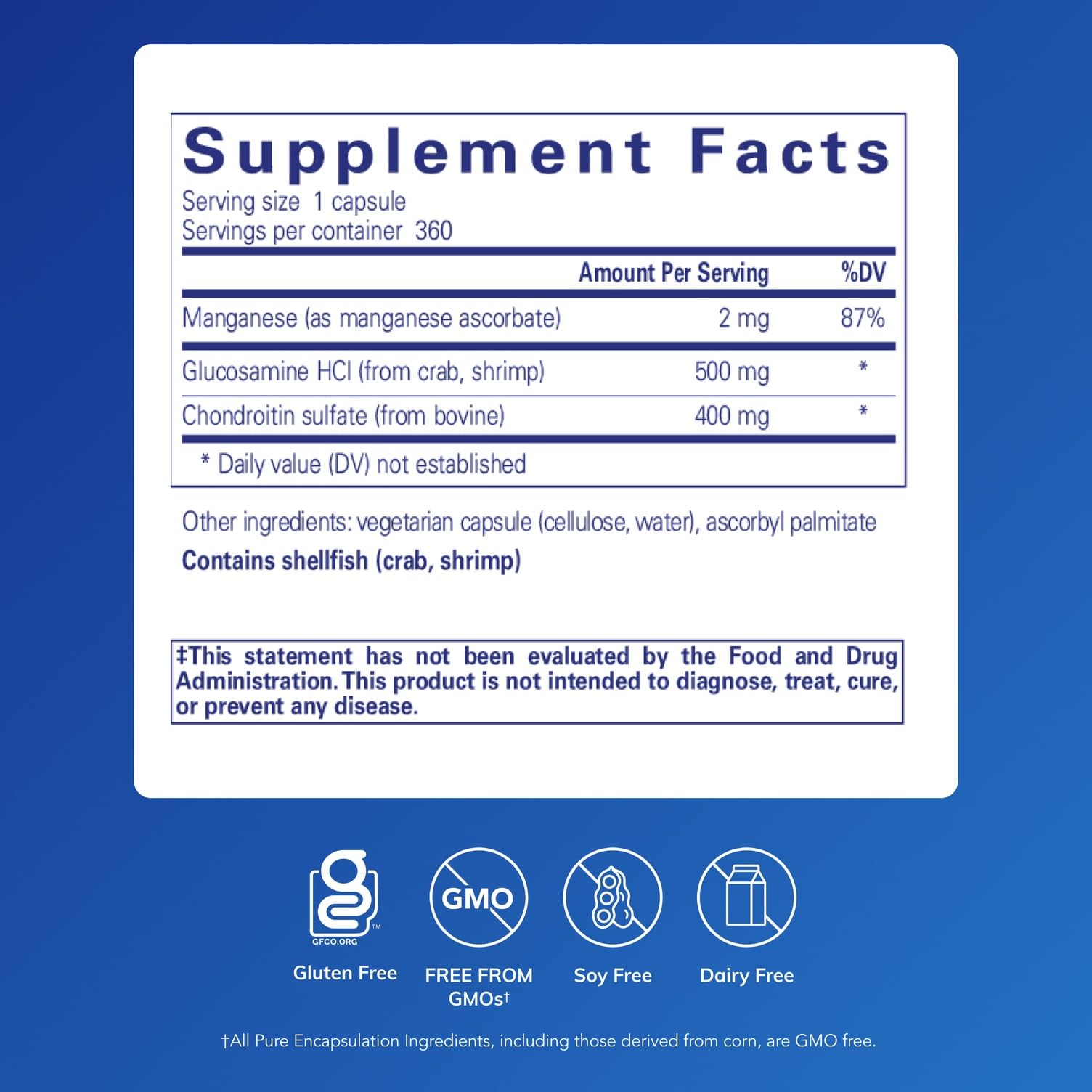 Close-up of product label: glucosamine chondroitin with manganese ascorbate
