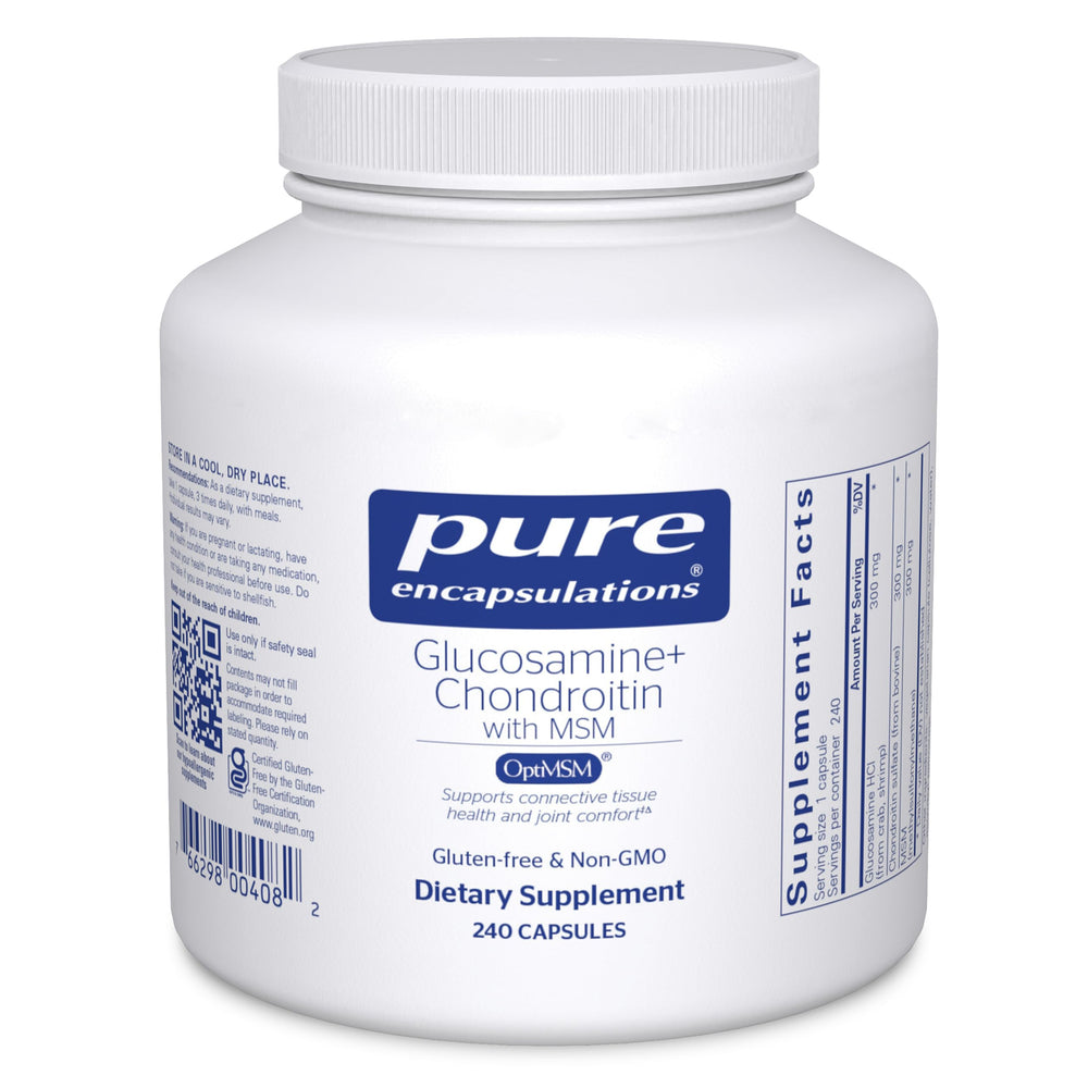 Bottle of Pure Encapsulations Glucosamine Chondroitin with MSM 240 capsules