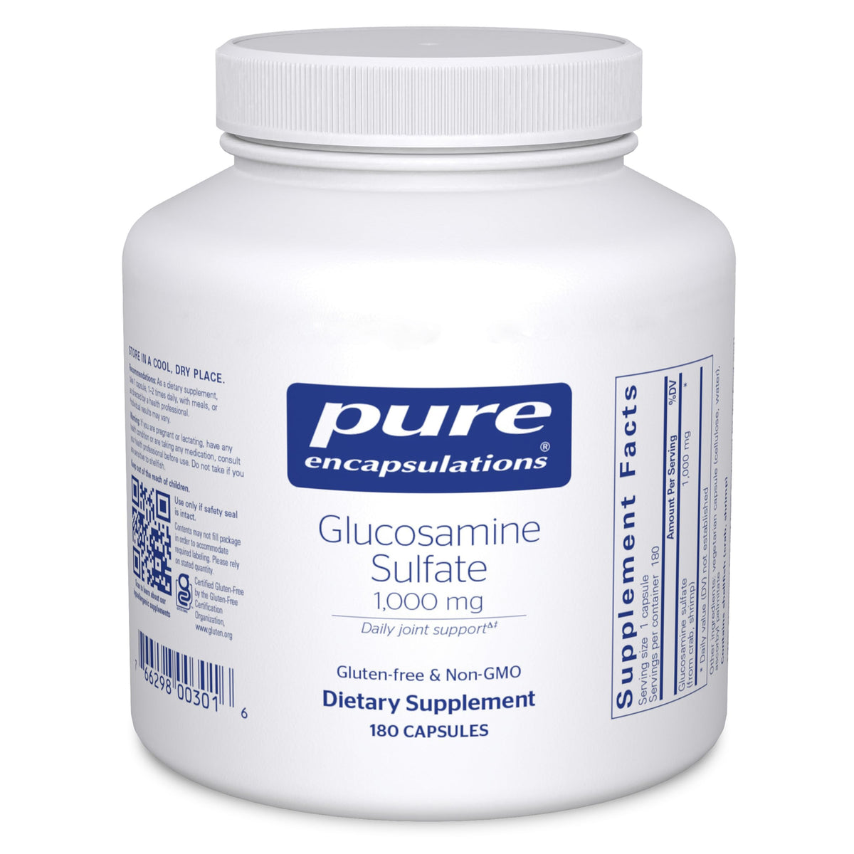 Bottle of Pure Encapsulations Glucosamine Sulfate 1,000 mg, 180 capsules