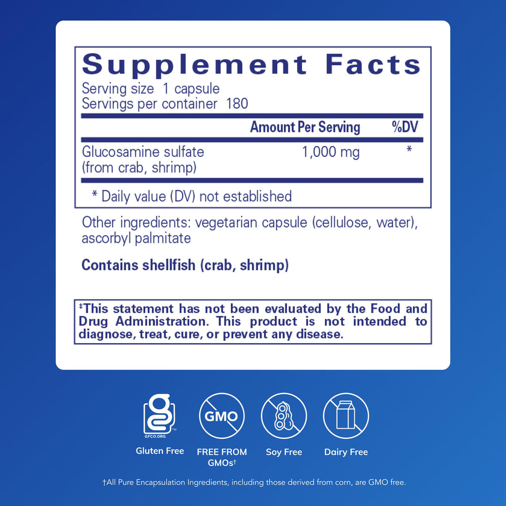 Close-up of Pure Encapsulations glucosamine capsules for cartilage health.