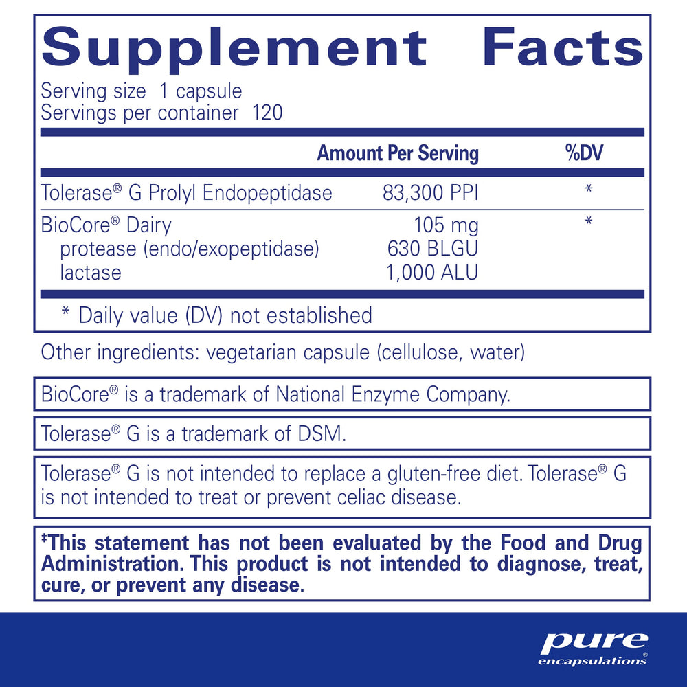 Supplement facts panel for Gluten/Dairy Digest on packaging