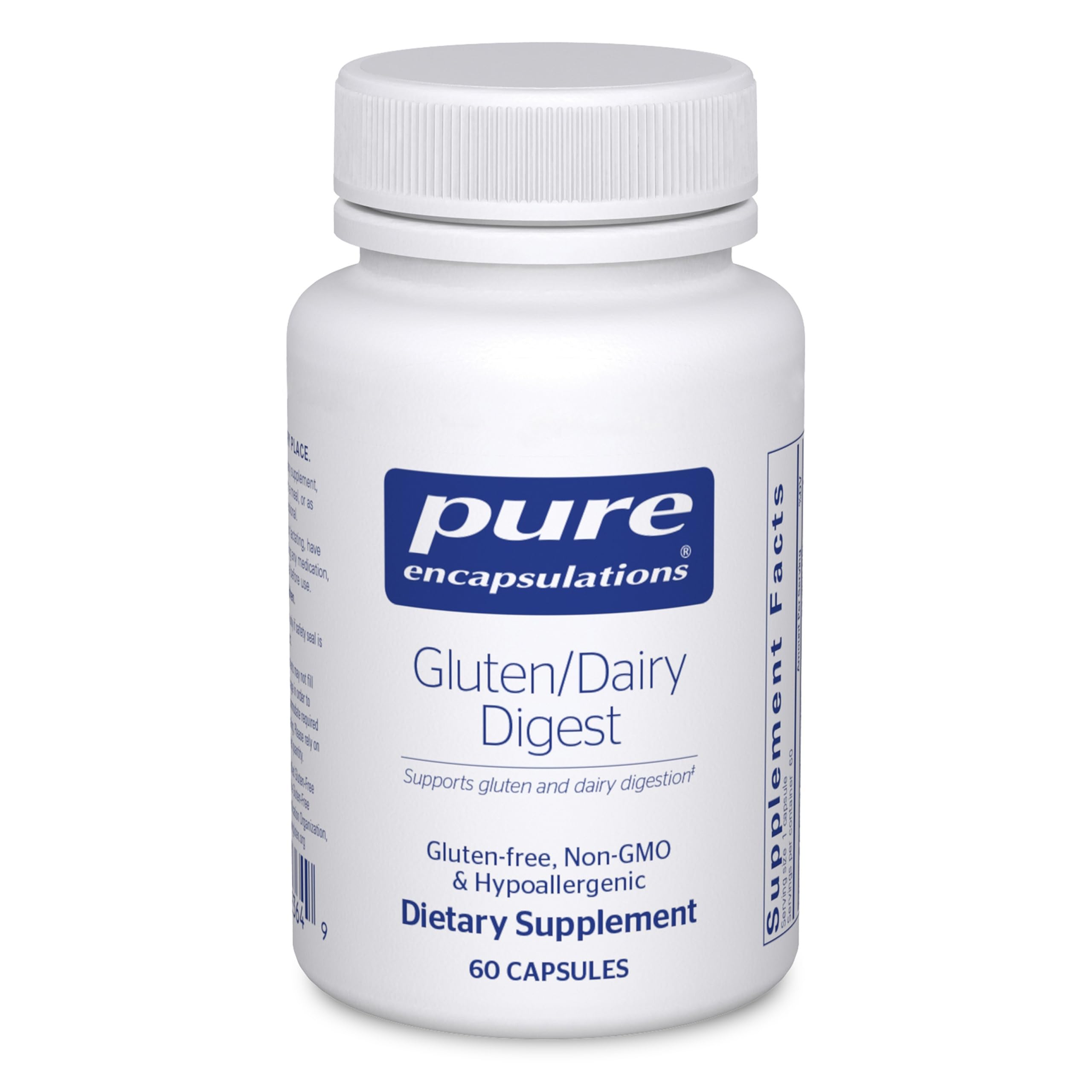 Pure Encapsulations Gluten/Dairy Digest bottle on shelf indicating enzyme support for gluten digestion