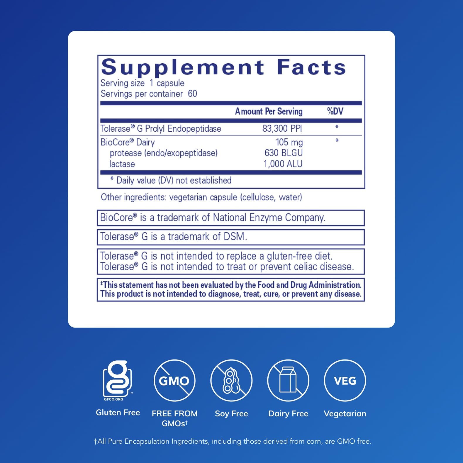 Close-up of Gluten/Dairy Digest label highlighting Tolerase G enzyme for digestion