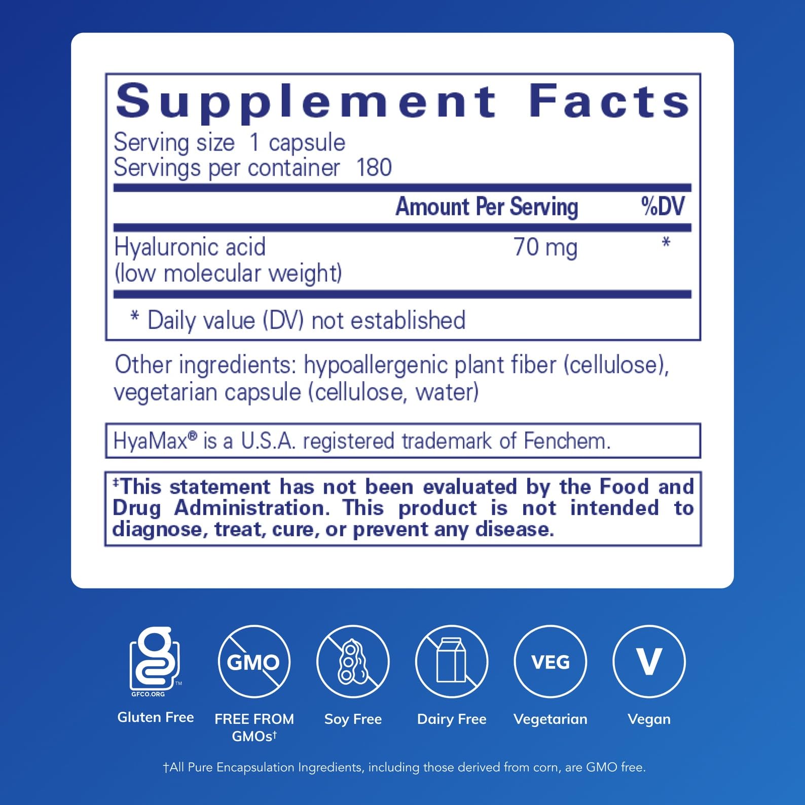 Pure Encapsulations Hyaluronic Acid capsules closeup shows vegan, gluten-free formula.