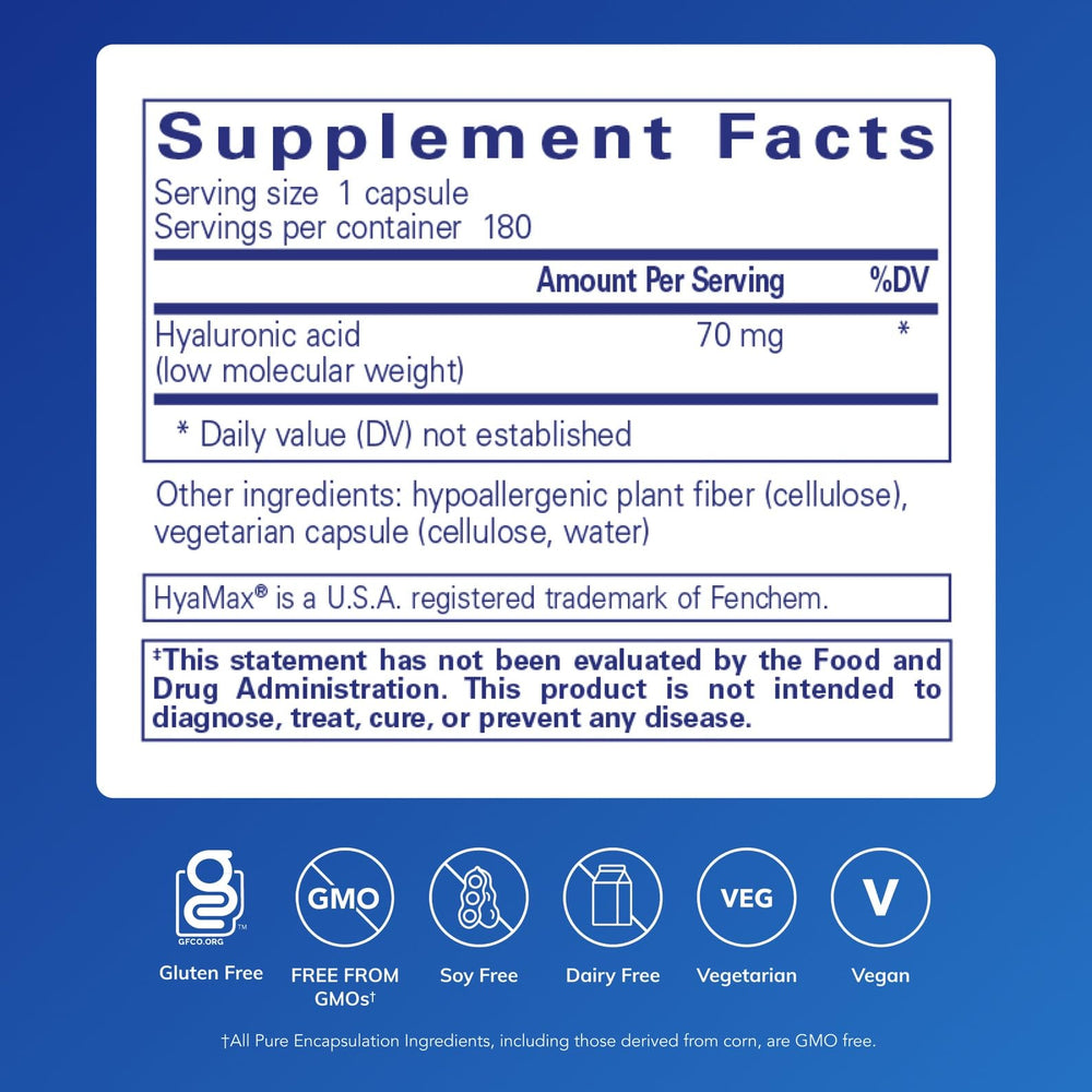 Pure Encapsulations Hyaluronic Acid capsules closeup shows vegan, gluten-free formula.