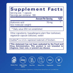 Pure Encapsulations Hyaluronic Acid capsules closeup shows vegan, gluten-free formula.