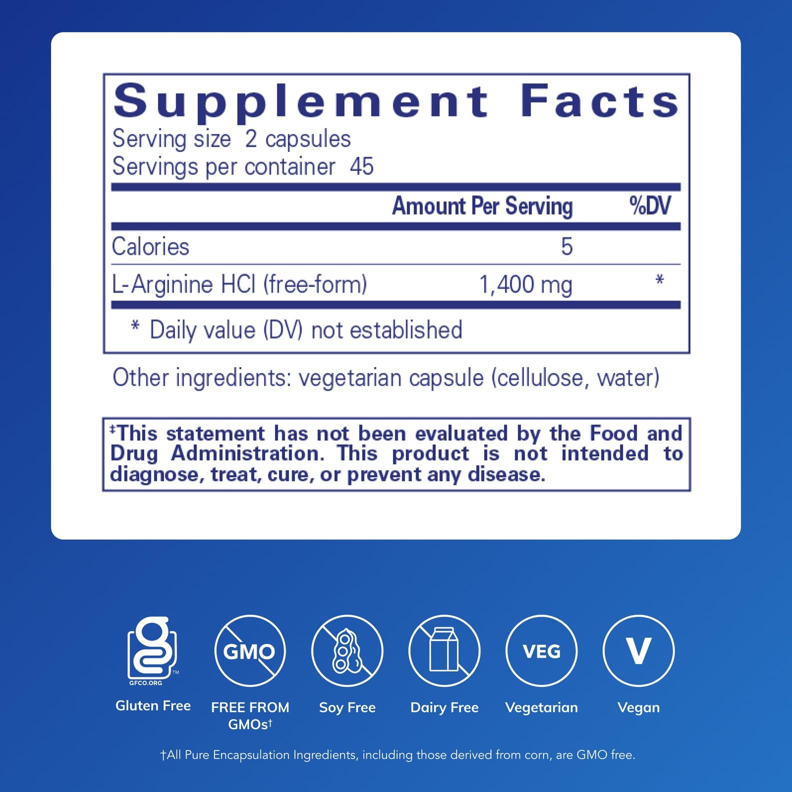 Bottle of Pure Encapsulations L-Arginine 1400 mg 90 capsules