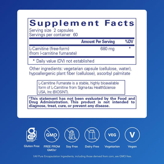 Side view bottle of Pure Encapsulations L-Carnitine Fumarate 120 capsules