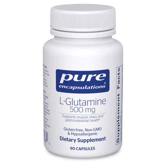 Pure Encapsulations L-Glutamine 500 mg bottle showing 90 capsules