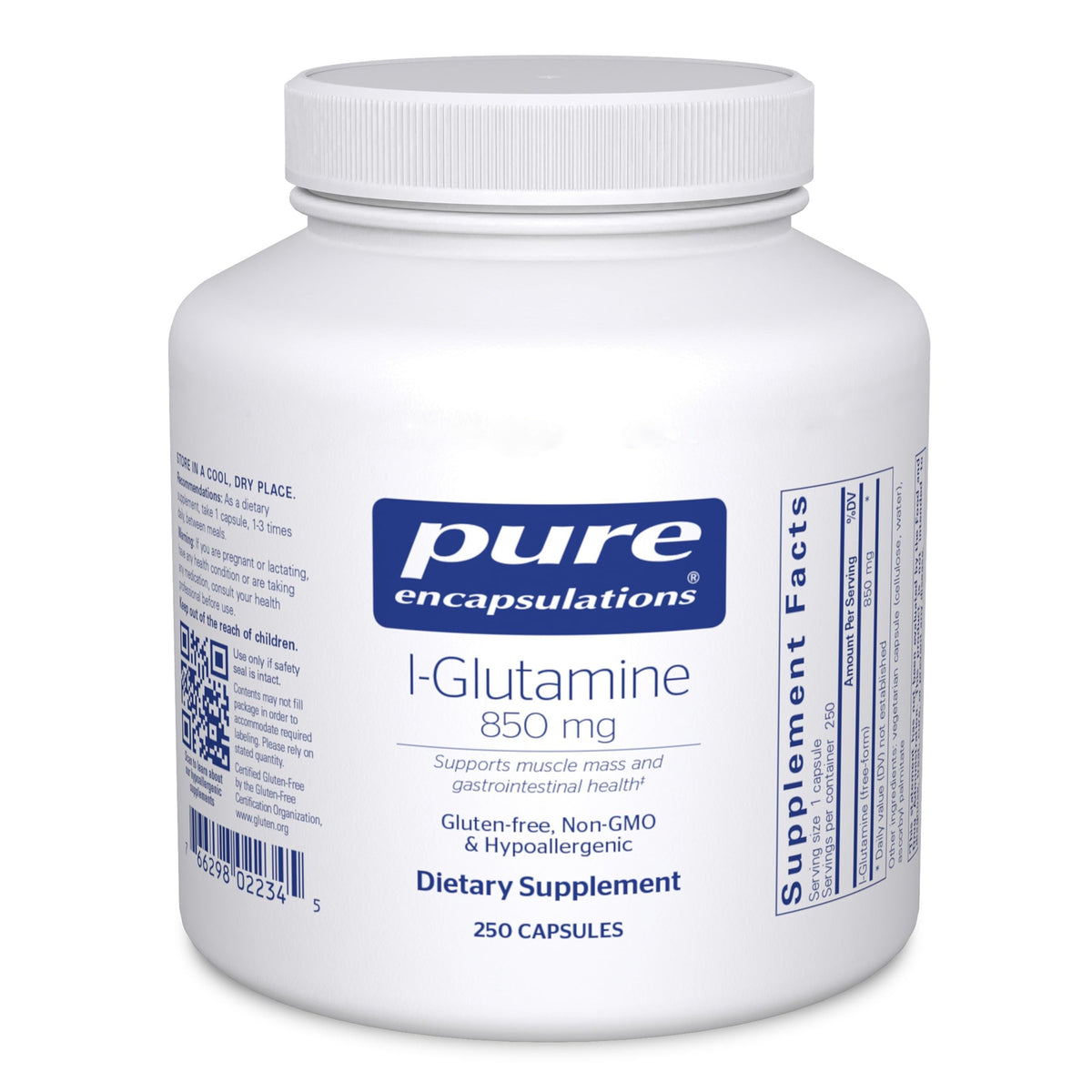 Product shot of Pure Encapsulations L-Glutamine 850 mg bottle (250 capsules)