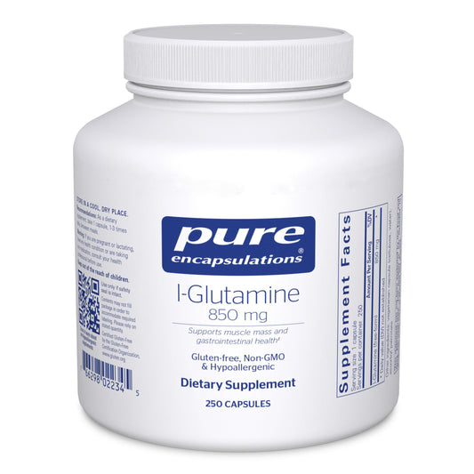 Product shot of Pure Encapsulations L-Glutamine 850 mg bottle (250 capsules)