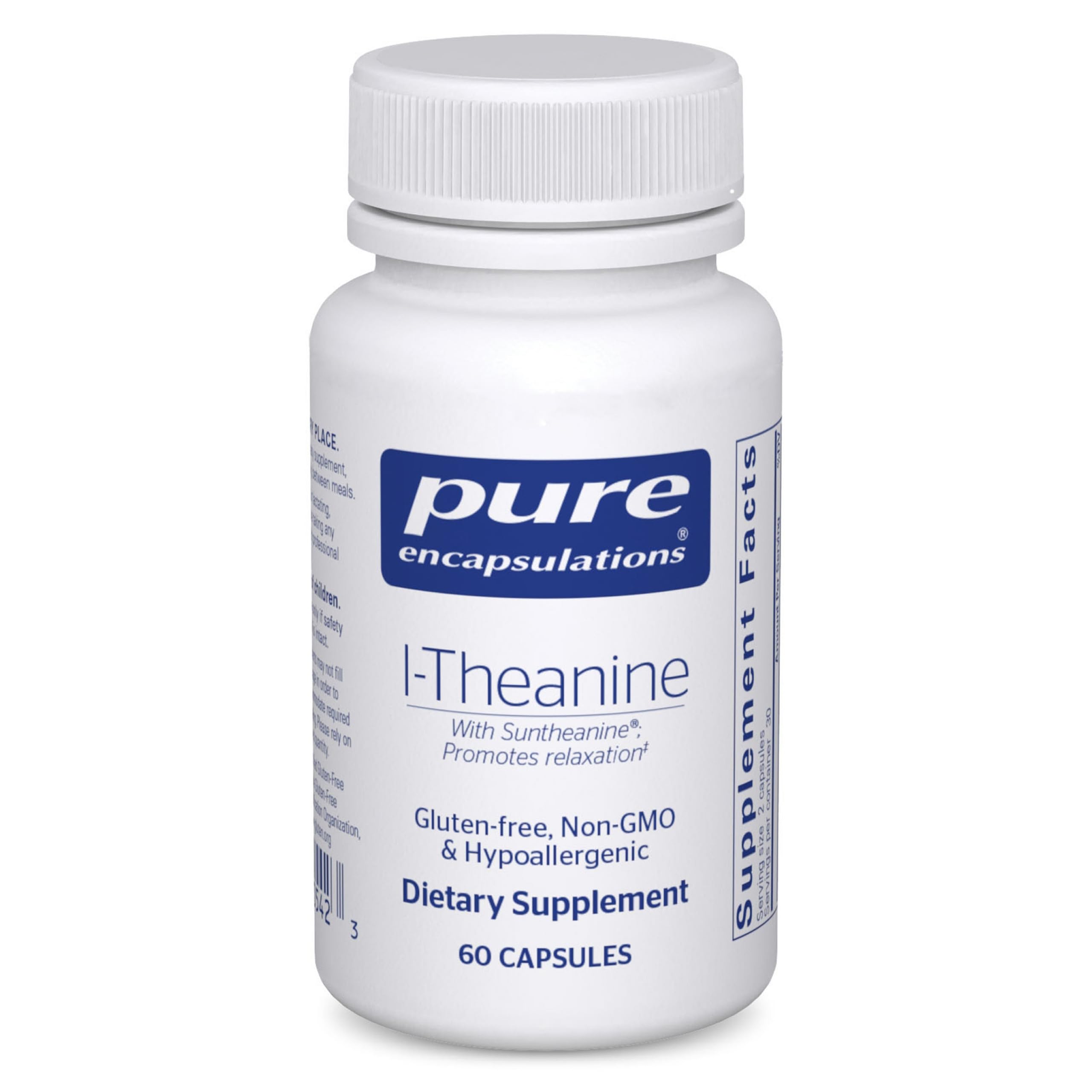 Pure Encapsulations L-Theanine capsules bottle shows calm relaxation potential.