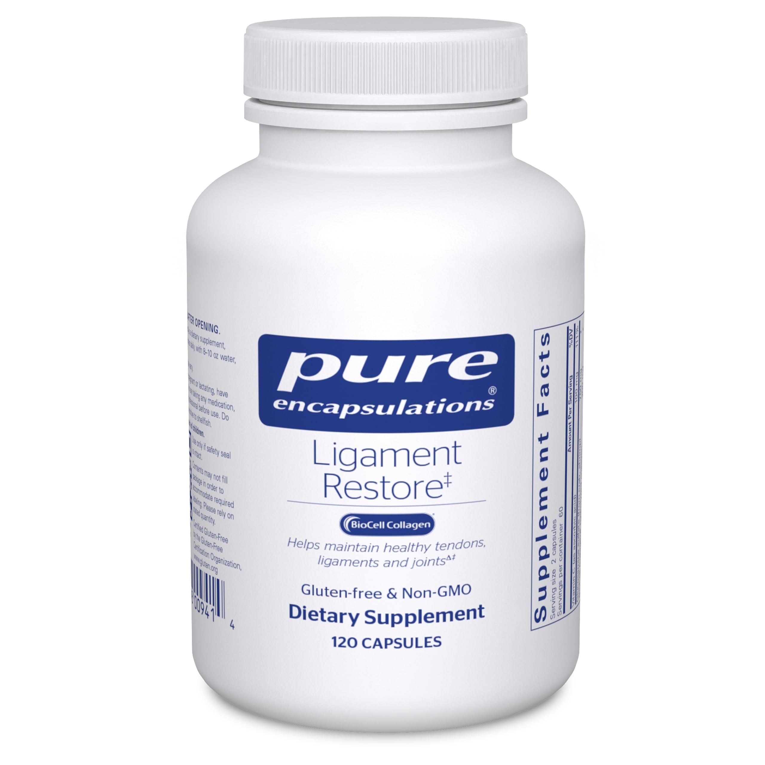 Pure Encapsulations Ligament Restore bottle and capsules