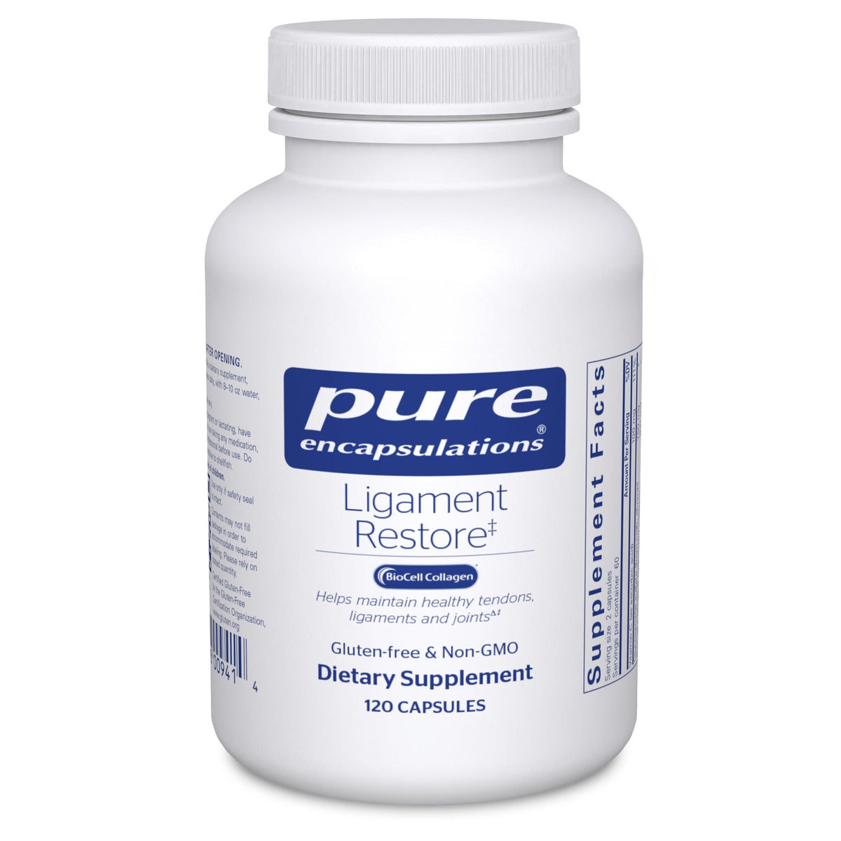 Pure Encapsulations Ligament Restore bottle and capsules