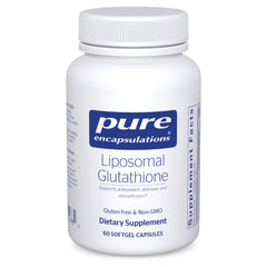 Pure Encapsulations Liposomal Glutathione bottle front highlighting packaging and antioxidant support
