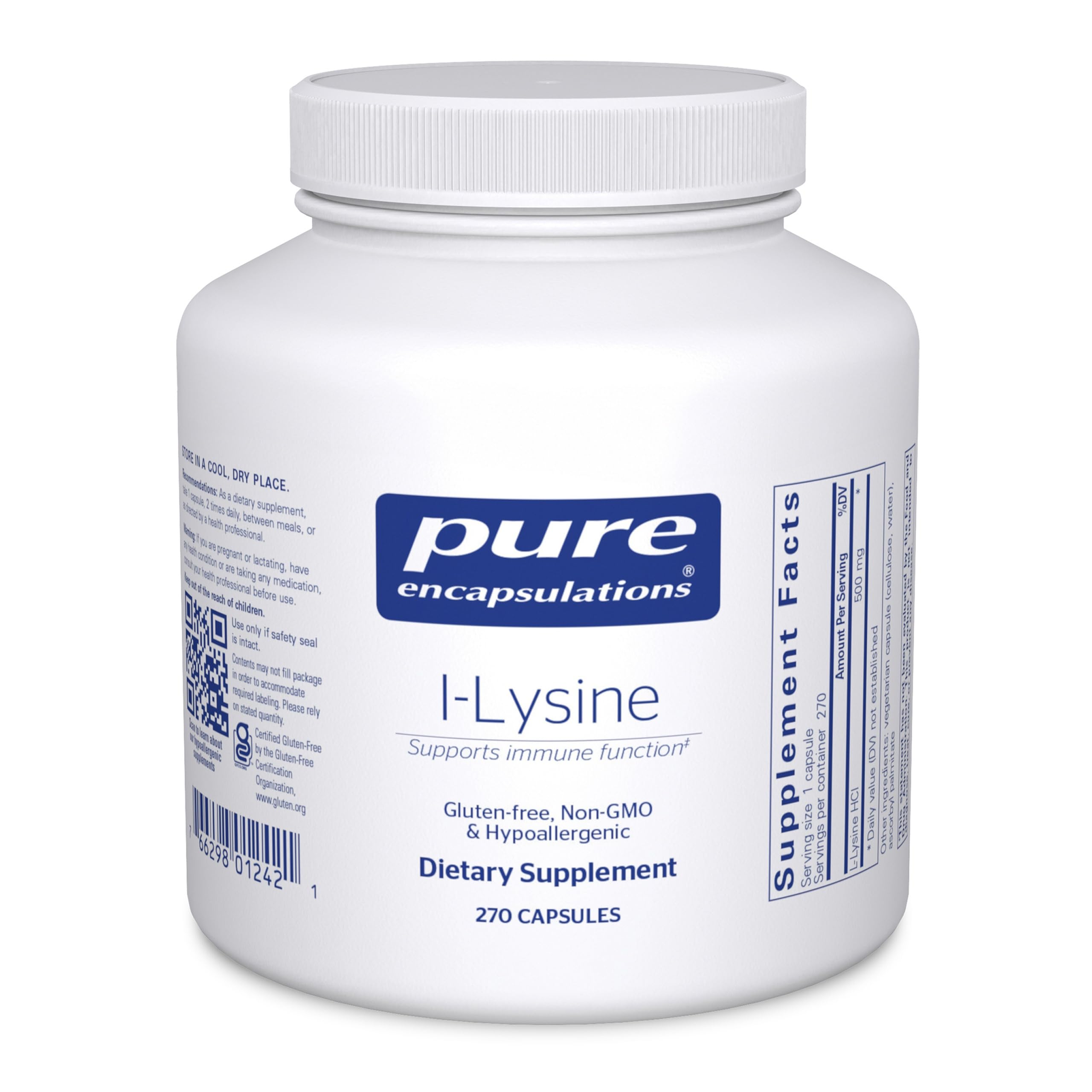 Front view of Pure Encapsulations L-Lysine 270 capsules bottle