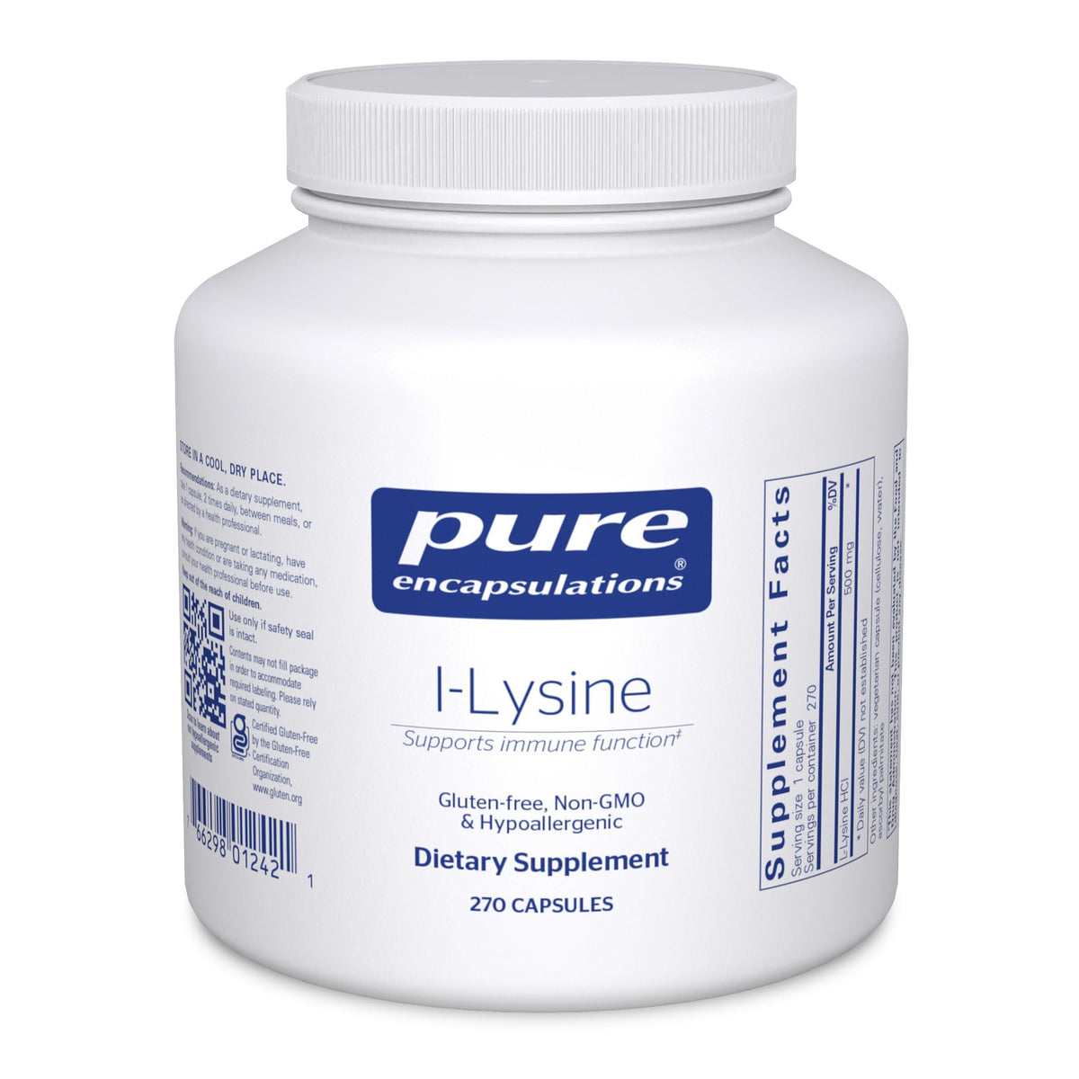 Front view of Pure Encapsulations L-Lysine 270 capsules bottle