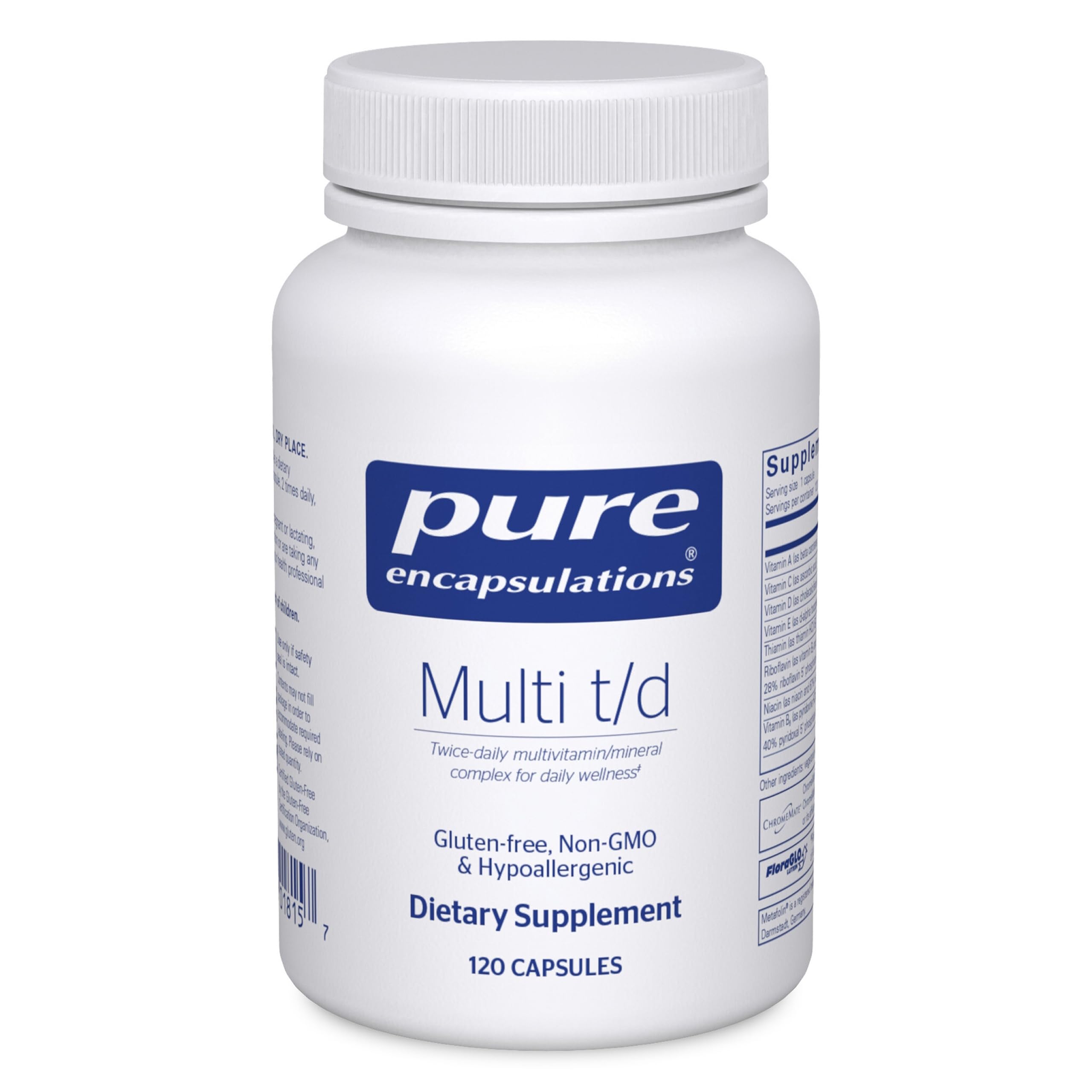 Bottle front label for Pure Encapsulations Multi T/D multivitamin and mineral supplement