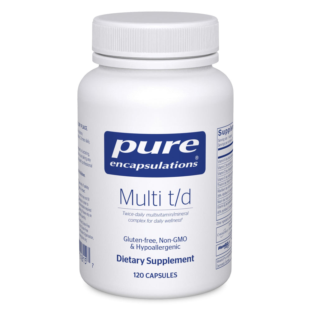 Bottle front label for Pure Encapsulations Multi T/D multivitamin and mineral supplement