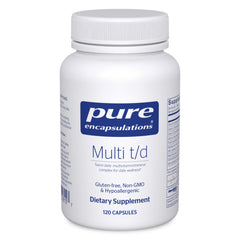 Bottle front label for Pure Encapsulations Multi T/D multivitamin and mineral supplement