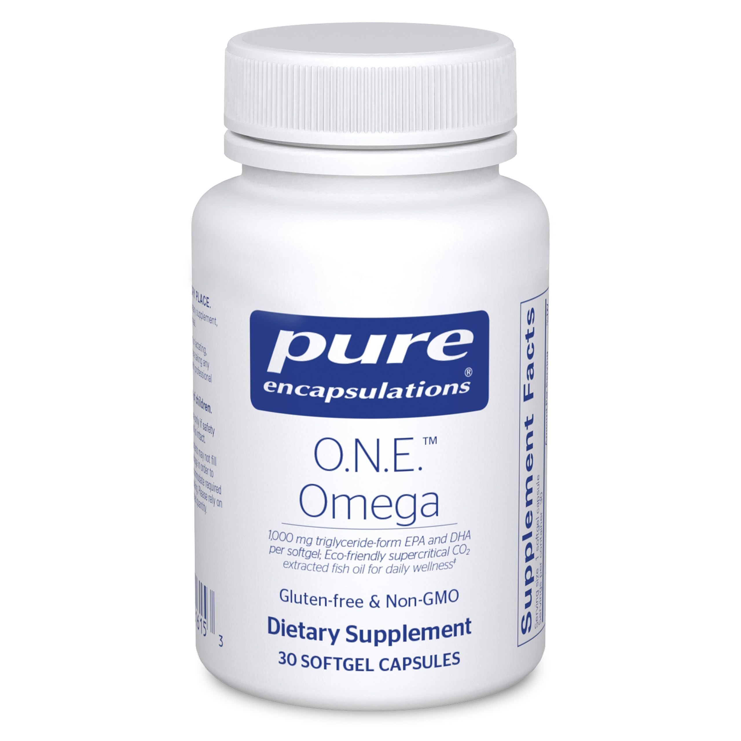 Pure Encapsulations One Omega bottle and softgels for heart health
