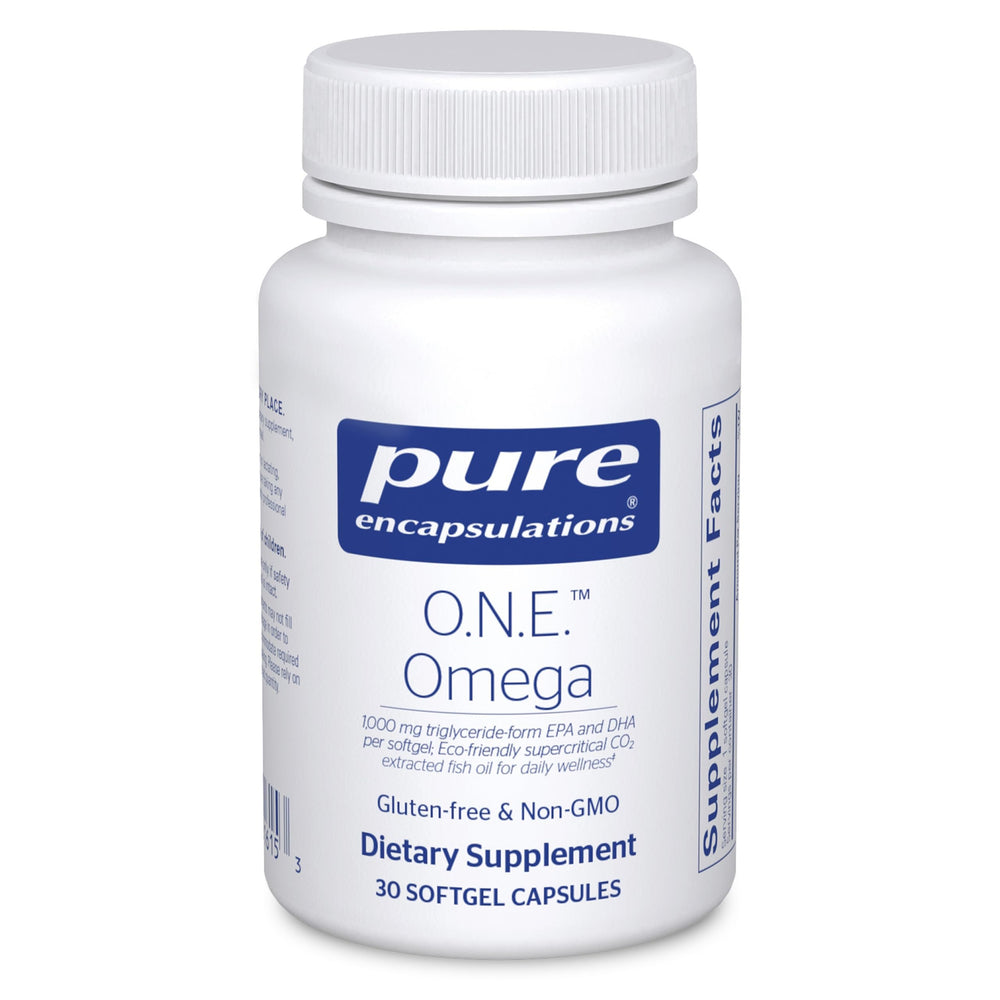 Pure Encapsulations One Omega bottle and softgels for heart health