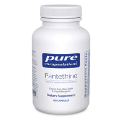 Pure Encapsulations Pantethine bottle front promoting hypoallergenic lipid metabolism support.