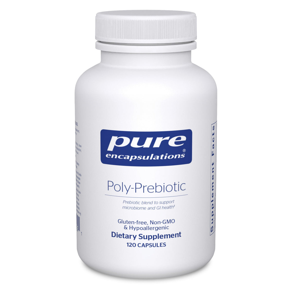 Front view of Pure Encapsulations Poly-Prebiotic bottle showing 120 capsules