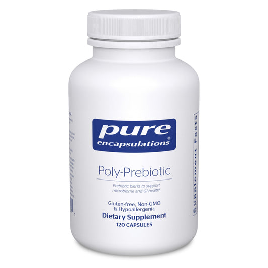Front view of Pure Encapsulations Poly-Prebiotic bottle showing 120 capsules