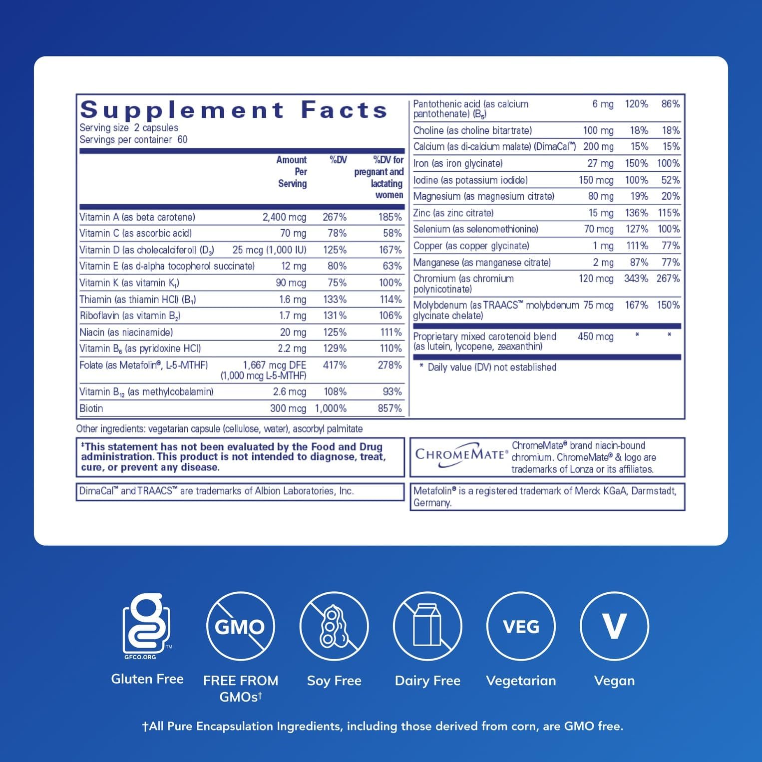 Supplement facts panel for PreNatal Nutrients