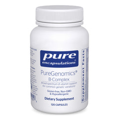 PureGenomics B-Complex bottle with capsules ready for daily energy metabolism support.