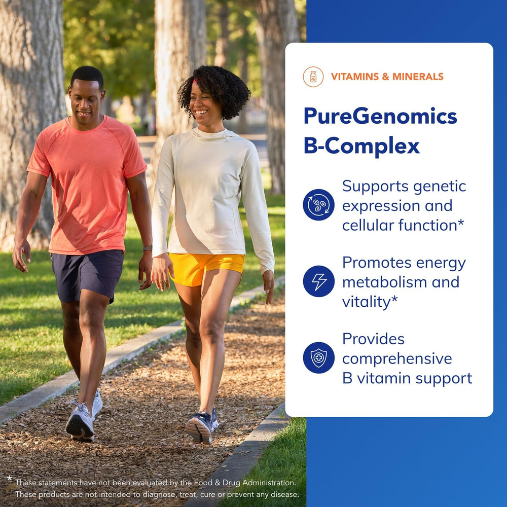 PureGenomics B-Complex label showcasing L-5-MTHF and benfotiamine benefits.