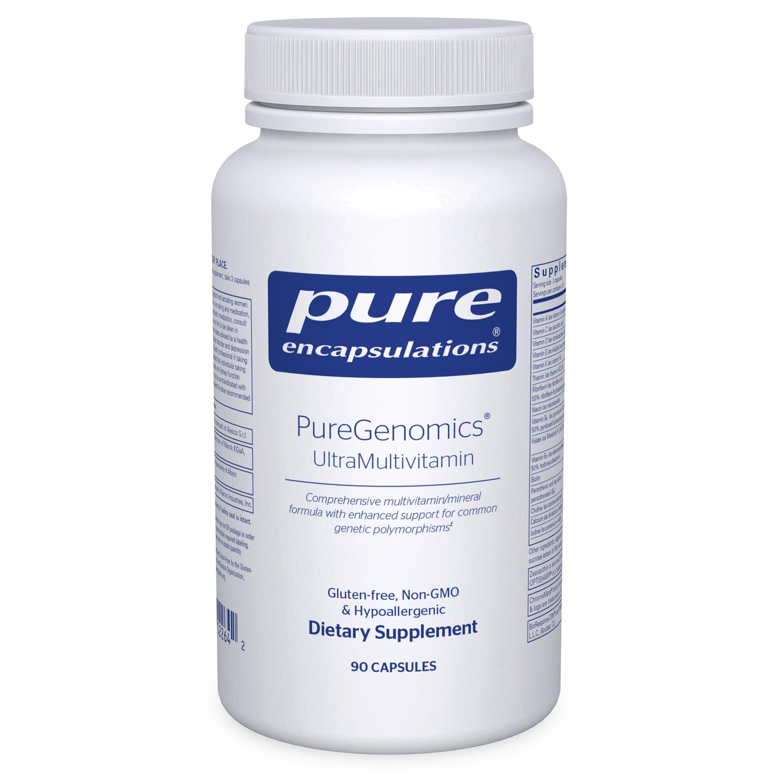 Pure Encapsulations PureGenomics UltraMultivitamin bottle shown for genetic polymorphism support.