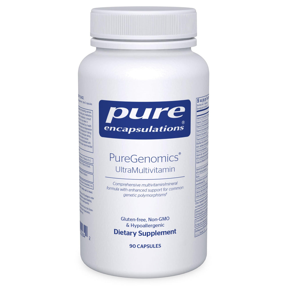 Pure Encapsulations PureGenomics UltraMultivitamin bottle shown for genetic polymorphism support.
