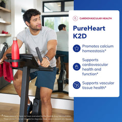 Box packaging of PureHeart K2D emphasizes vegan and non-GMO health support