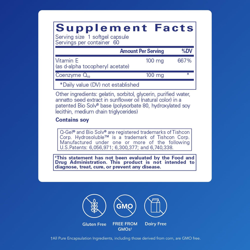 Front view of Pure Encapsulations Q-Gel 100 Hydrosoluble CoQ10 softgels