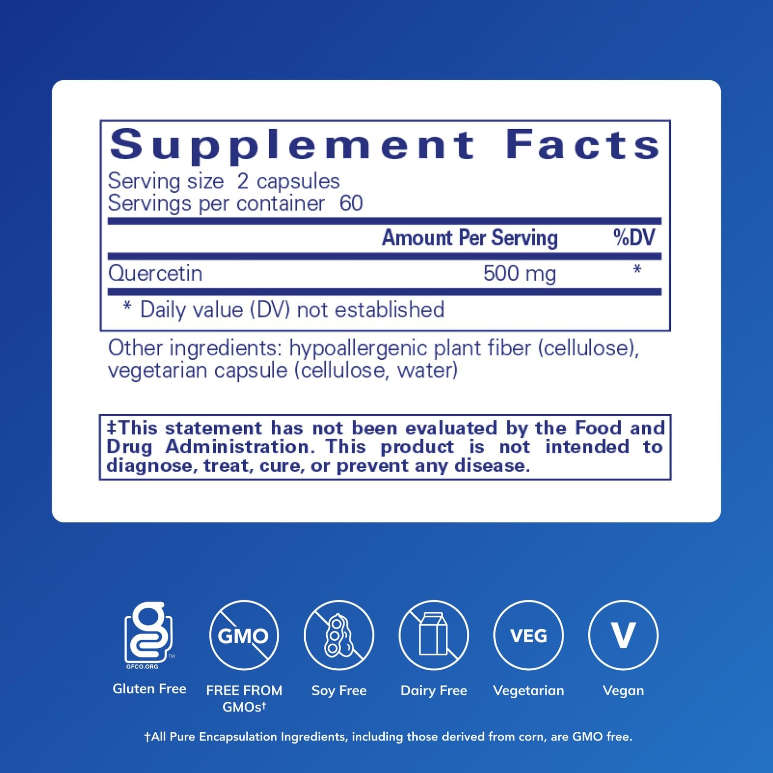 Close-up of Quercetin 500 mg bottle label showing gluten-free and non-GMO